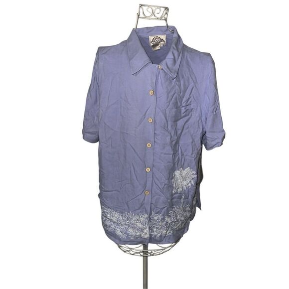 NEW WITH TAGS Natural Elements Womens Size 1X Silk Hawaiian Camp Shirt blue/purp - Picture 1 of 9